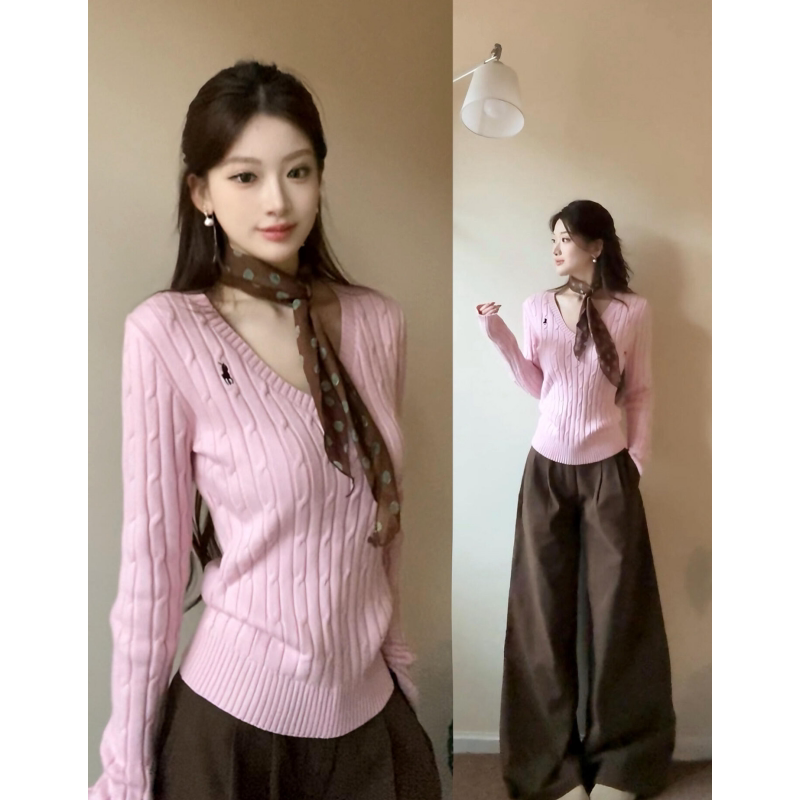 Korean-Style Pink V-Neck Long-Sleeve Knit Sweater for Women, 2026 New Autumn and Winter Model, Very Stylish, Slim-Fit Inner Layer Sweater Top Korean-Style Pink V-Neck Long-Sleeve Knit Sweater for Women, 2026 New Autumn and Winter Model, Very Stylish, Slim-Fit Inner Layer Sweater Top