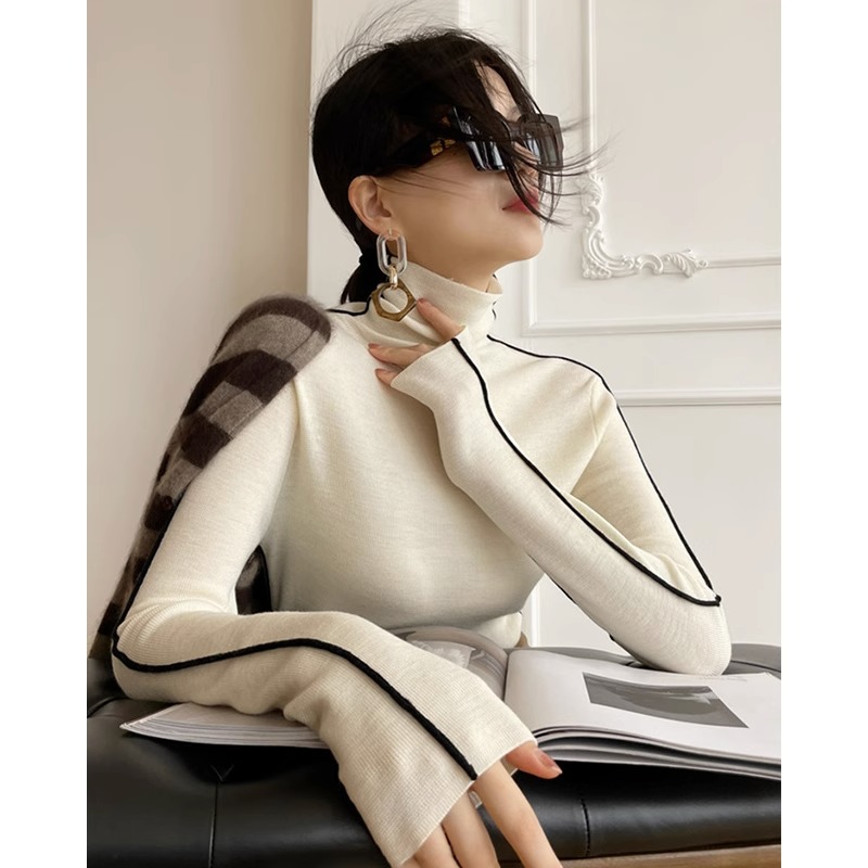 Autumn Winter Bangs Color Heaps Piles Collar Wool Knit Cardigan High sense tight fit inside a base sweater soft glutinous high collar blouses-Taobao