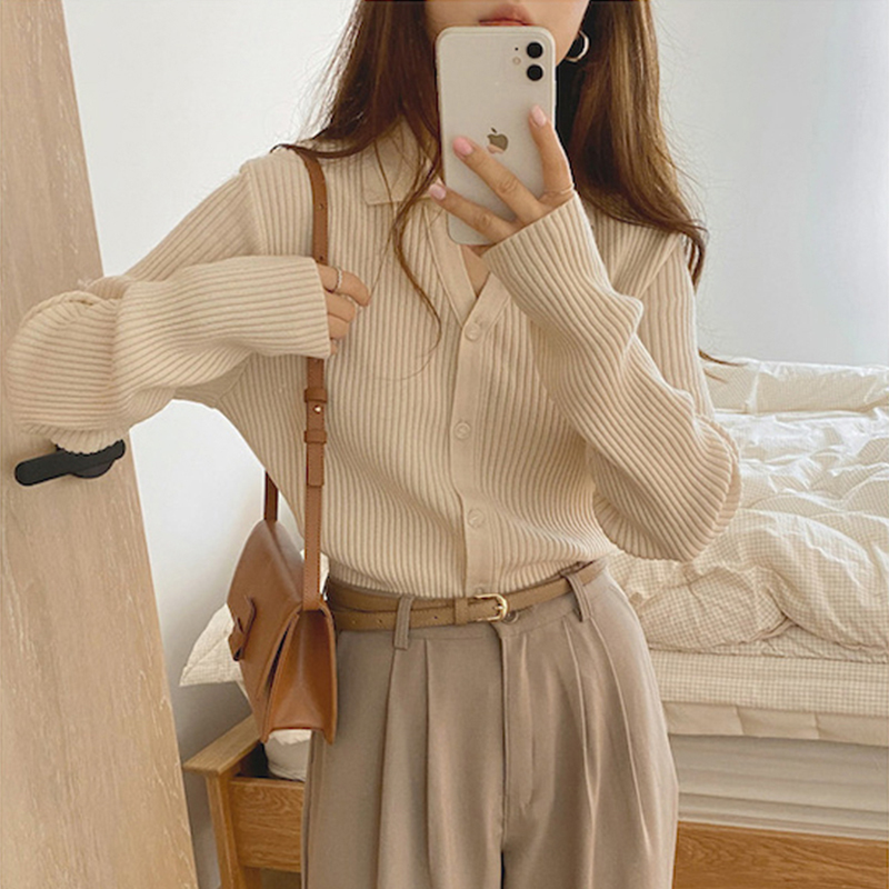 Polo Collar Cardigan Knit Jacket for Women 2026 Autumn and Winter ins Versatile Slimming Ribbed Stylish Short Top
