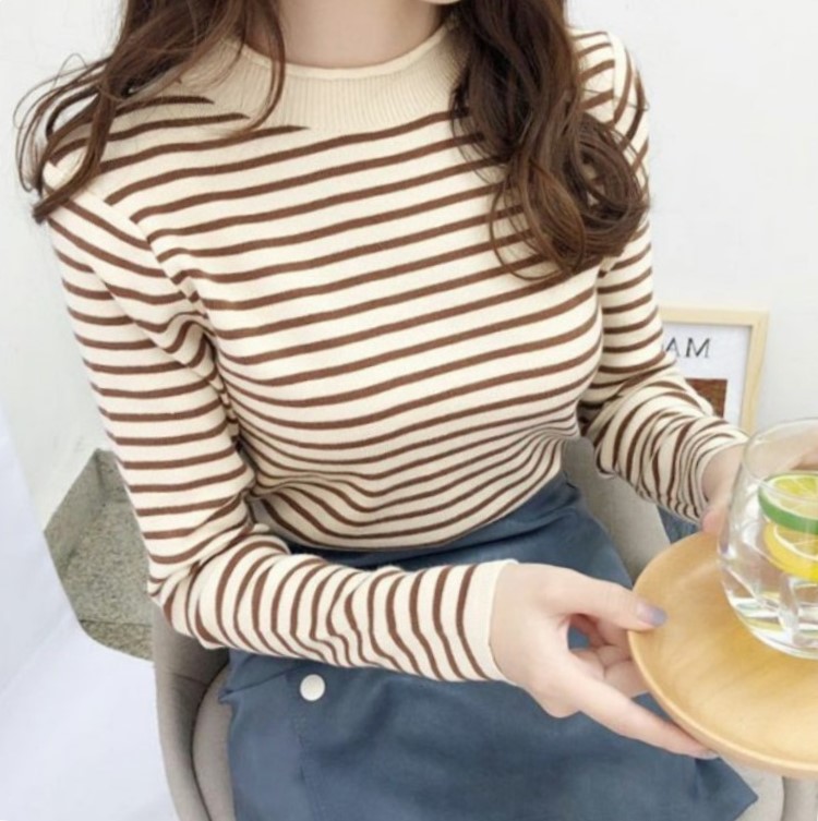 2022 Spring and Autumn Clothing Half High Collar Pullover All-match Student T-Shirt Slim Striped Knitted Bottom Shirt Long-sleeved Top Women