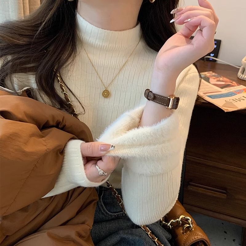 Autumn and Winter Fleece Sweater for Women, Base Layer, Half Turtleneck, 2026 New Style, White Knitted Integrated Mink Velvet Top Autumn and Winter Fleece Sweater for Women, Base Layer, Half Turtleneck, 2026 New Style, White Knitted Integrated Mink Velvet Top