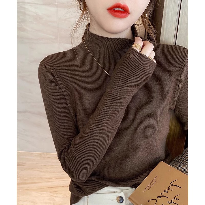 Half-Turtleneck Coffee-Colored Sweater for Women, Stylish Autumn and Winter Slim-Fit Long-Sleeve Mid-Collar Knit Top for Layering under a Coat