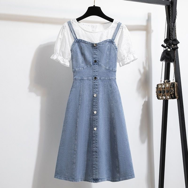 Summer New Korean Style Slim Fit Thin Tencel Denim Dress for Women, Mid-Length Fake Two-Piece Patchwork Dress Summer New Korean Style Slim Fit Thin Tencel Denim Dress for Women, Mid-Length Fake Two-Piece Patchwork Dress