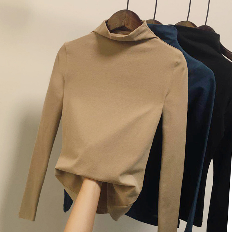 Khaki semi-high collar middle collar base shirt Women's T-shirt tight slim new autumn long sleeve