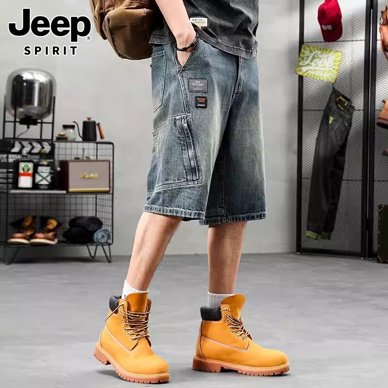 Jeep Spirit Denim Shorts Men's Summer Multi-Pocket Cargo Shorts Trendy Retro Casual Knee-Length Shorts for Men
