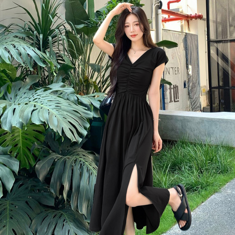 Retro Hepburn Style V Neck Waist-Cinching Dress, Summer Tea Break, French Style, High-End Holiday Slit Long Skirt 1024