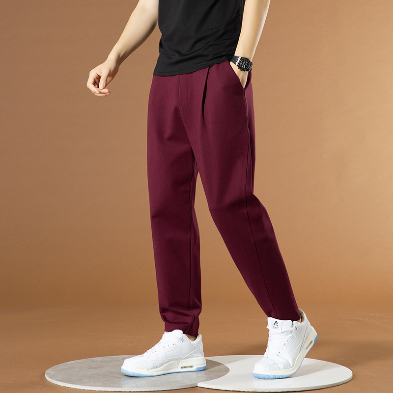Men's Loose Harem Pants, Mid-Waist Versatile Pants, Stretchy Sweatpants, Burgundy Drapey Sports Cropped Slim-Fit Casual Pants