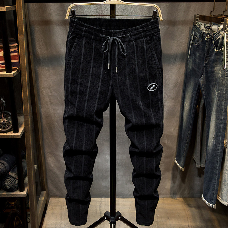 Male Pants Autumn Winter Style Bunches Casual Pants Men's Body Smoke Tubes Pants Han Version Trend Winter Thick-style Striped Sports Pants