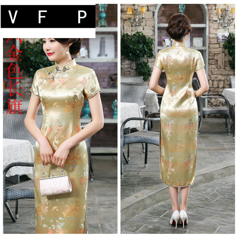 Long cheongsam suitable for photo sessions, dress, clothing, brocade, dragon and phoenix, with short sleeve, party clothing Long cheongsam suitable for photo sessions, dress, clothing, brocade, dragon and phoenix, with short sleeve, party clothing