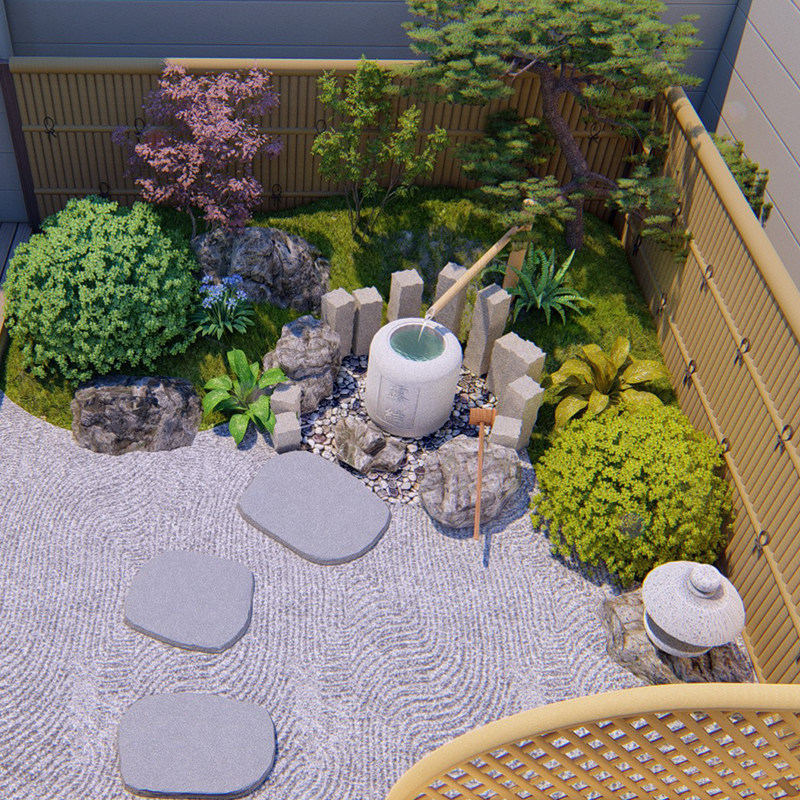 日式枯山水庭院禅意流水石钵diy水景山石庭花园天然院摆件装饰