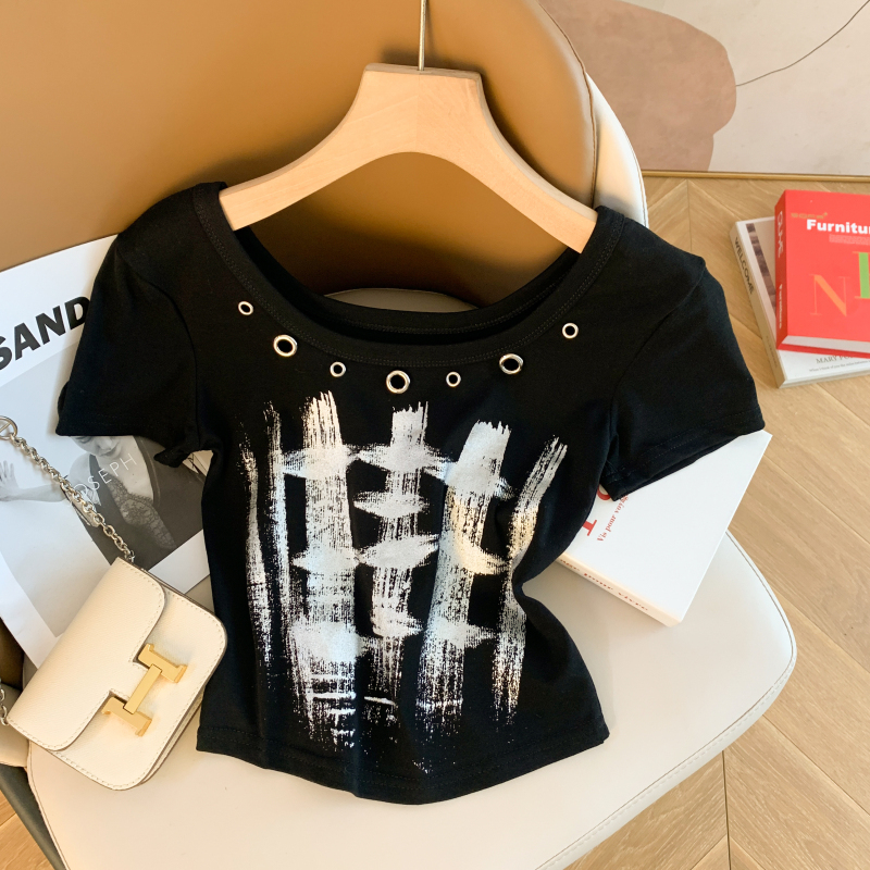 Black Short Top for Women, Summer Style, Sweet and Chic, Jazz Cool and Stylish Short-Sleeved T-Shirt Paired with Cargo Pants