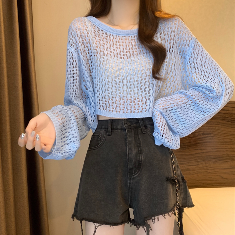 Baby Blue Short Mesh Hollow-Out Thin Sun-Protective Knit Cover-Up for Women, Early Spring Bright Color Series Outfit, Copper Sulfate Top