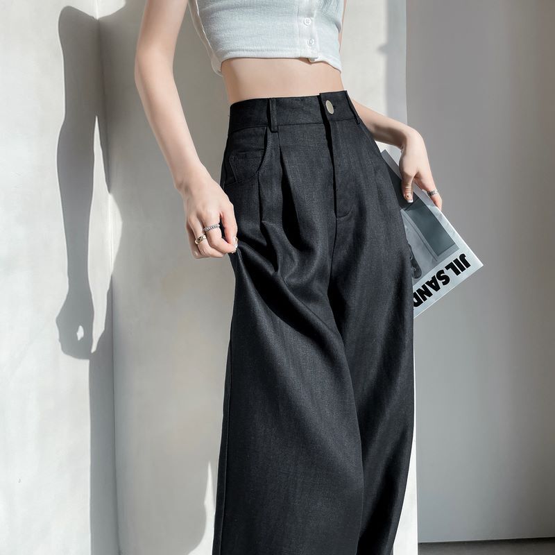 Black Ice Silk Linen Wide-Leg Pants for Women, Summer Drapey Pants, Casual Straight-Leg Pants