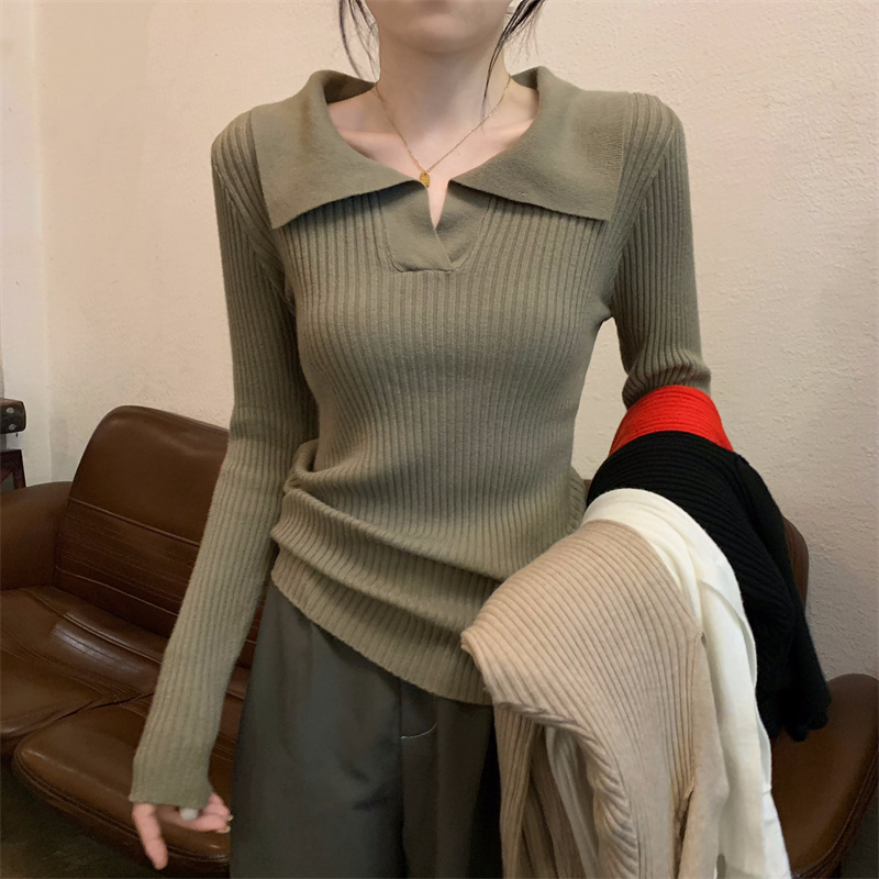 Polo Collar Knitted Base Shirt for Women, Early Autumn Short Style, Slim Fit, Can Be Worn as Outerwear or Inner Layer, Dalang Sweater, Light-Colored Miu Top