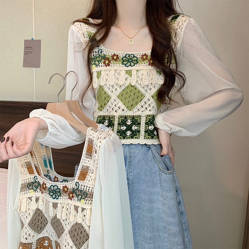 Short Bohemian Ethnic Style Sun-Protective Chiffon Women's Early Spring 2026 New Dopamine Style Knit Top