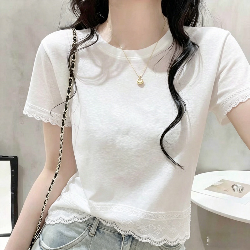 Korean Style Loose White Short-Sleeved Women's Lace-Trimmed Round-Neck Gentle and Elegant Versatile Basic T-Shirt for Work Wear Korean Style Loose White Short-Sleeved Women's Lace-Trimmed Round-Neck Gentle and Elegant Versatile Basic T-Shirt for Work Wear