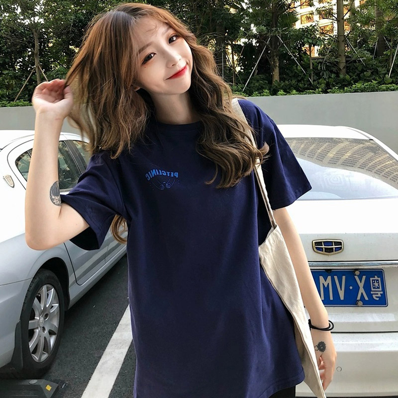 ins Super Popular Navy Blue Short-Sleeve T-Shirt for Women, 2026 New Mid-Length Loose Top, Trendy Bottoms Missing