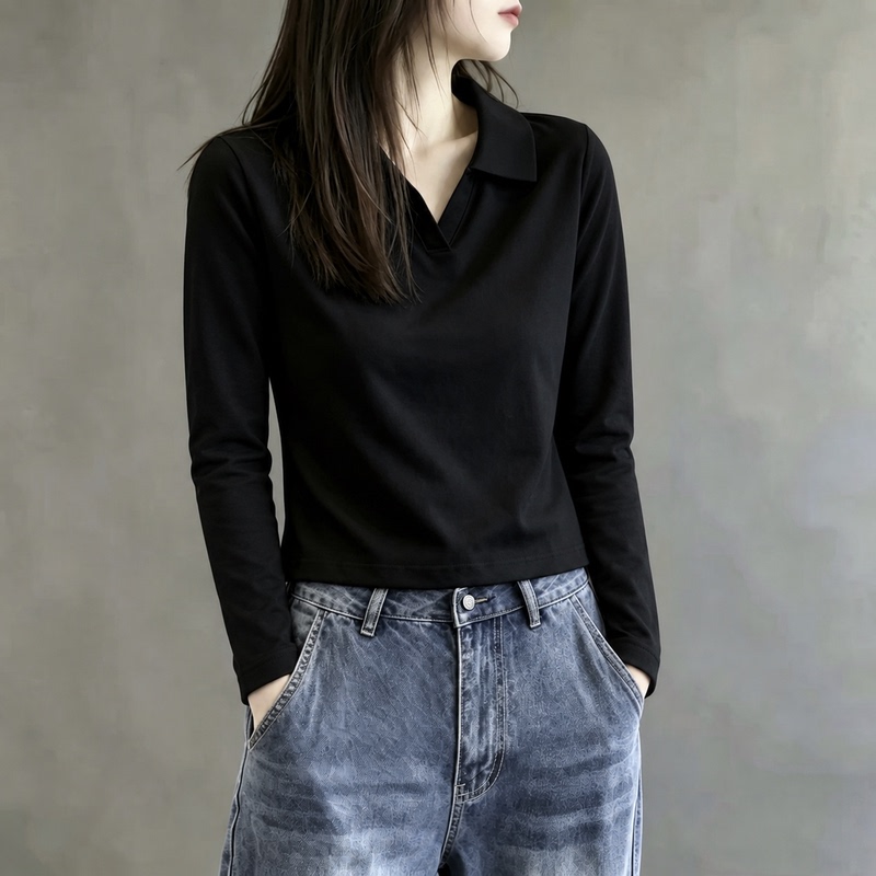 High-End Black Polo Collar Long-Sleeved T-Shirt for Women, Slim Fit, Slimming, Lazy Style, Solid Color Top
