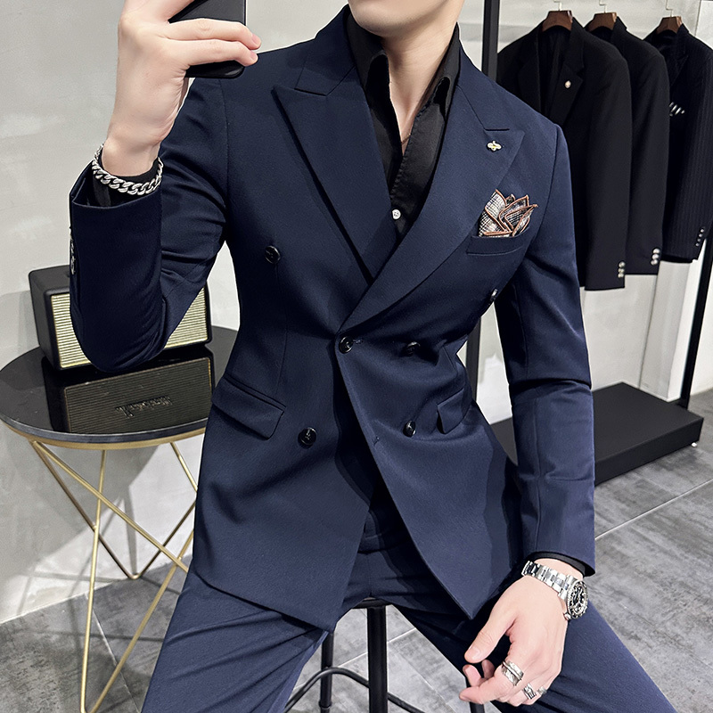 High-End Men's Clothing with Peaked Lapels, Double-Breasted Suit, Groom's Wedding Attire, Plus-Size Blue Blazer