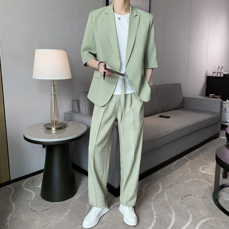 Summer Side-Button Casual Blazer Short-Sleeve Jacket with a Draping Effect, Stylish Men's Trendy Mature Fashion Suit Set