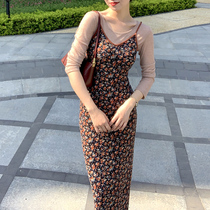 WangHanYan Broken Flowers One-piece Dress Woman 2022 Early spring Little Subretro Antique Cashew Collection of Painted Pendant with Painted Pendant