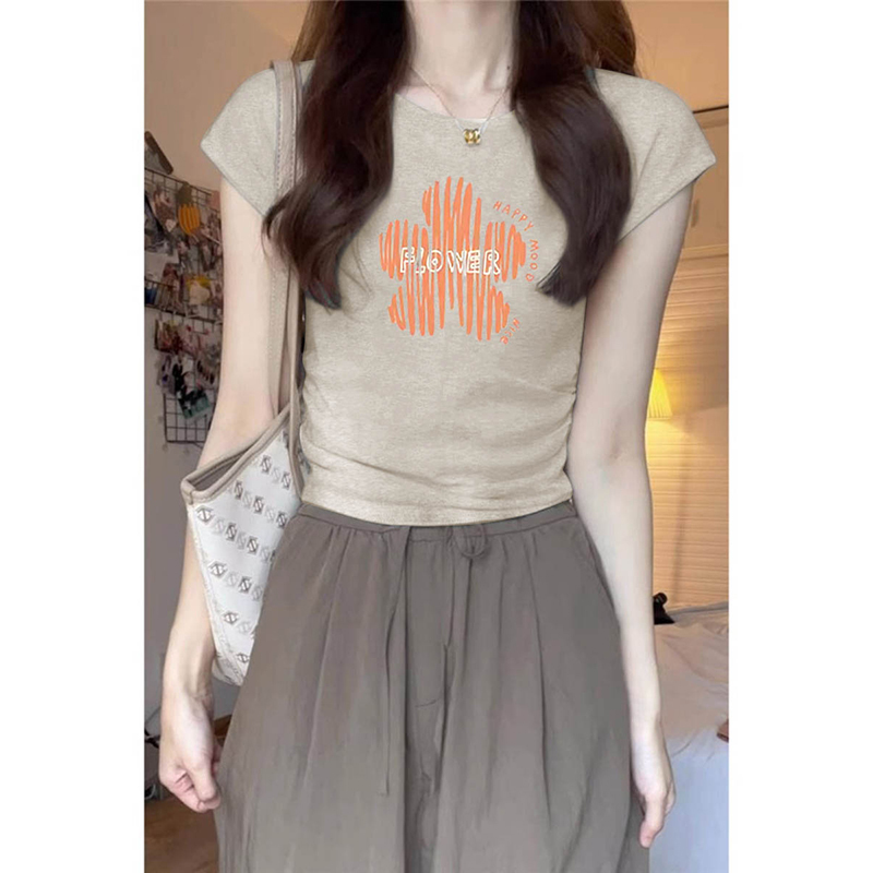 Short-Sleeved T-Shirt with Flutter Sleeves for Women, Summer 2026 New European Style, Elegant and High-End, Waist-Cinching, Slim-Fit, Short Half-Sleeve Top