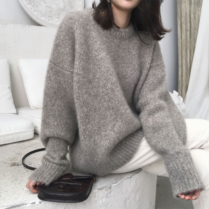 Lazy Wind Sweater Woman 2022 Chunqiu Ji New Korean version loose outside wearing a round collar cover head casual knit cardiovert blouse