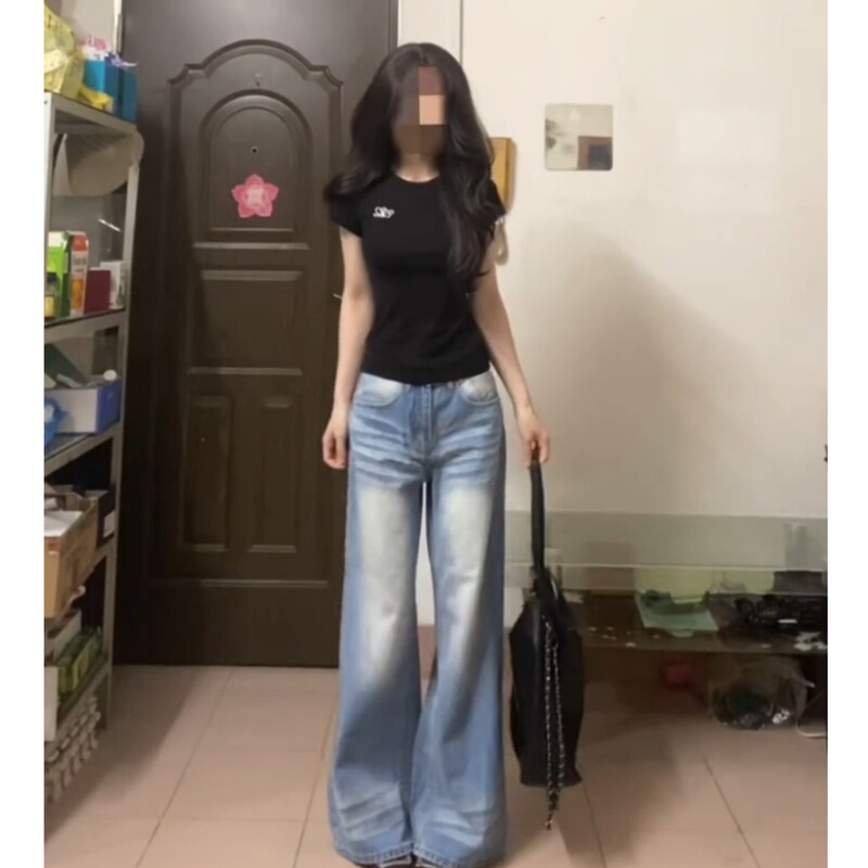 175cm Tall Women's Light Blue American-Style Pleated Straight-Leg Jeans, Lazy Style, Extra-Long Wide-Leg Pants