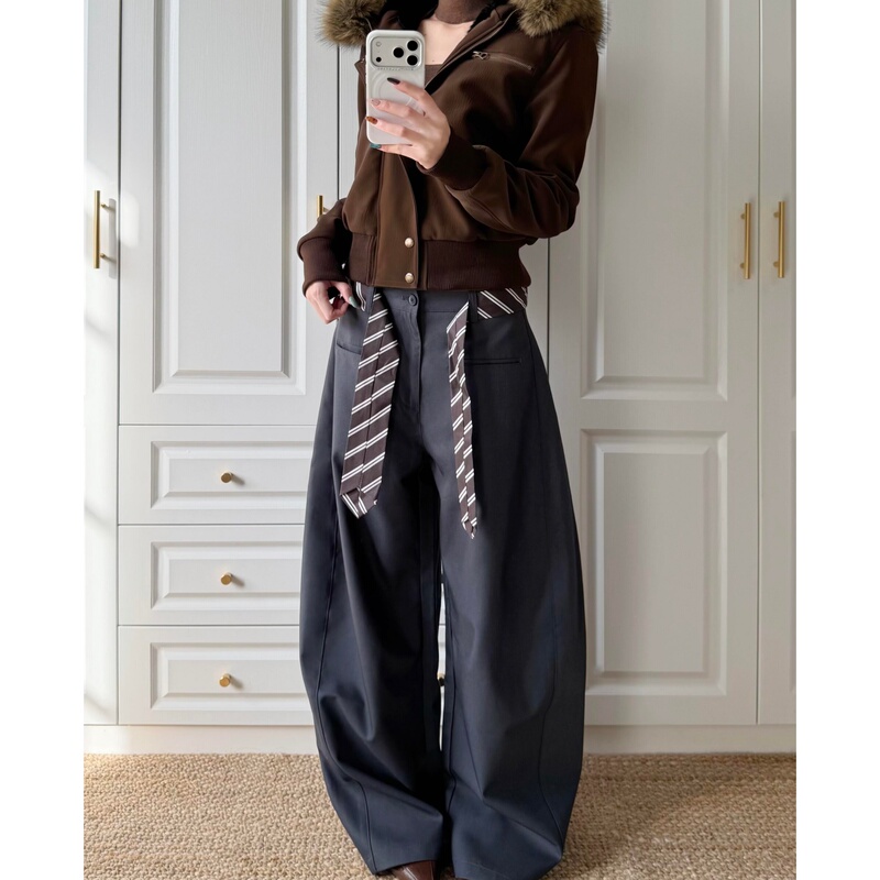 175cm Tall, Extra-Long 180cm Belt, Casual Scimitar Pants for Women, Old Money Style, Relaxed Straight Wide-Leg Floor-Length Pants