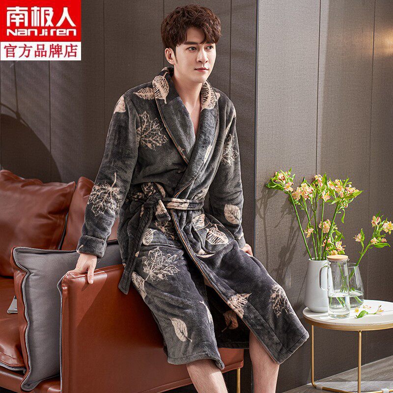 South Pole sleeping robe male autumn and winter flange suede thickened warm large size bathrobe winter coral suede long version bathrobe pyjamas
