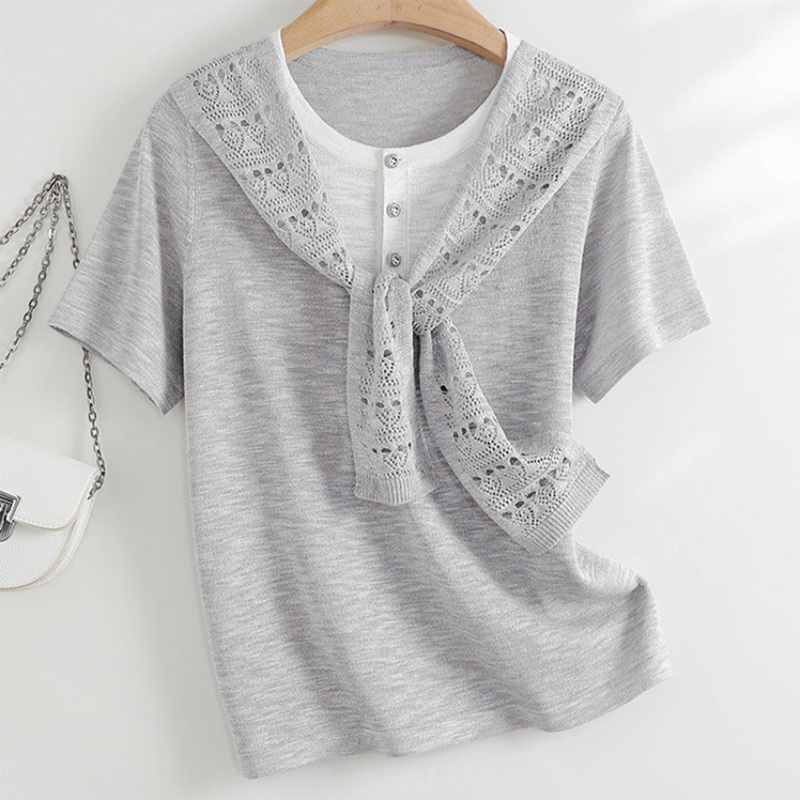 Mulberry Silk Gray Round-Neck Shirt with Contrasting Color Ribbon Design, Women's 2026 New Summer Korean Style Short-Sleeve Top