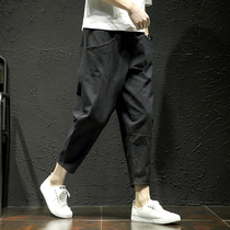 Dongquan Furumachi mens pants Yujia spring mens big cotton and linen tooling casual pants nine-point pants loose straight pants