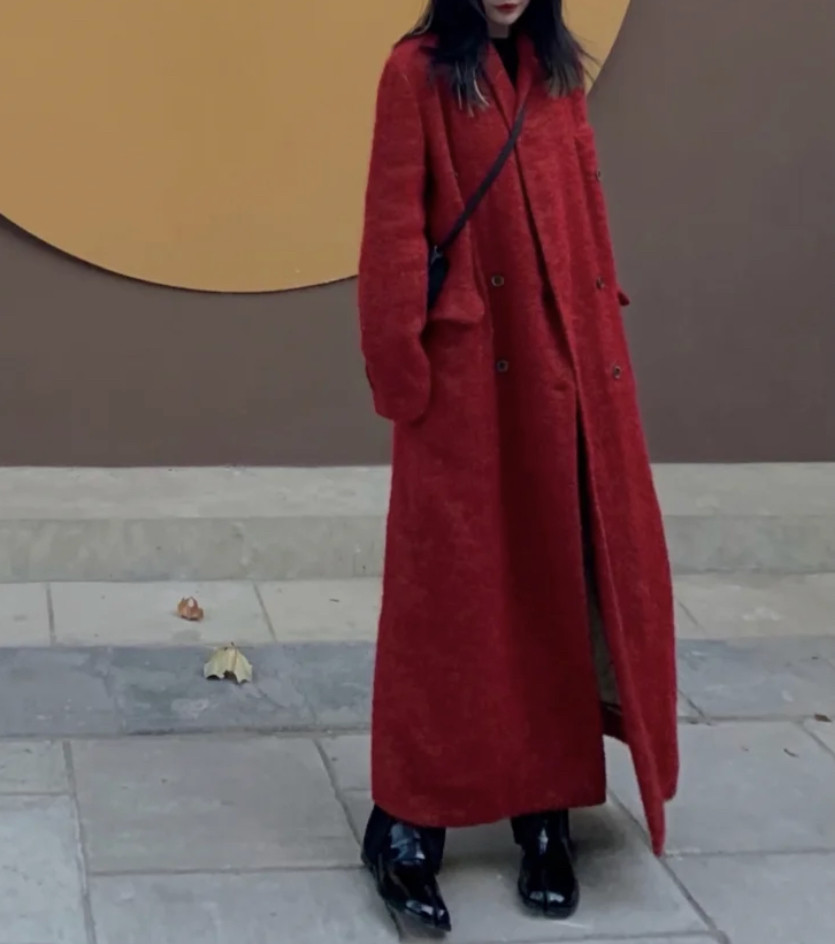 Spot uma Whang 20FW positive red fur coat large coat long version single row buttoned suit collar