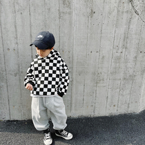 Slightly child clothing Boy checkerboard Gelian hat Clothing Plus Suede Baby Clothes Warm Casual Child Blouses Loose Tide