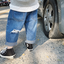 Slightly childrens clothing boys jeans spring and autumn 2021 New Spring Wear broken pants foreign style loose childrens father pants tide