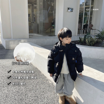 Slightly Child Clothing Boy Down Clothing Thickened Winter Horn Buckle Decoration High-end Design Sense Day Ensemble Children 90 suede jacket