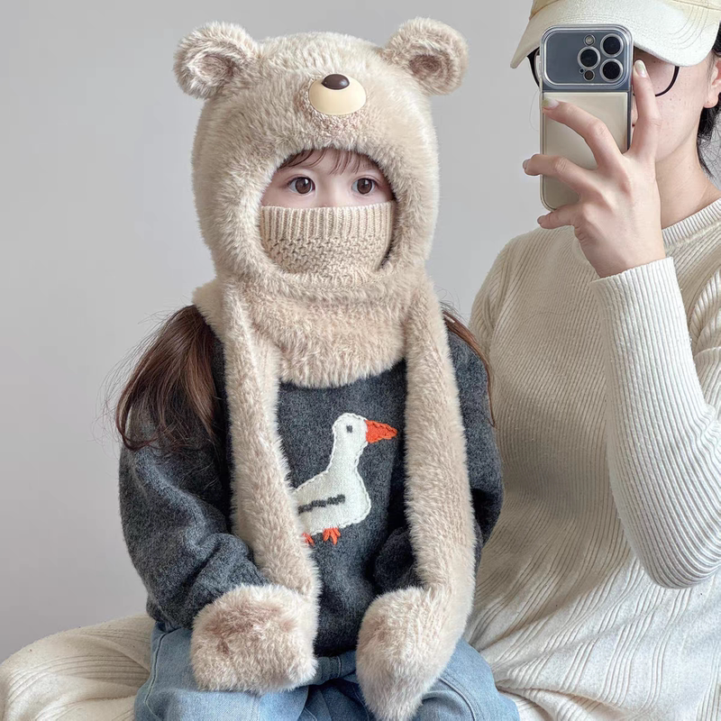 Children's Hat Winter Cute Bear Plush Hat with Scarf, Mask, and Gloves All-In-One for Boys and Girls, Warm Ear Protection Hat Children's Hat Winter Cute Bear Plush Hat with Scarf, Mask, and Gloves All-In-One for Boys and Girls, Warm Ear Protection Hat
