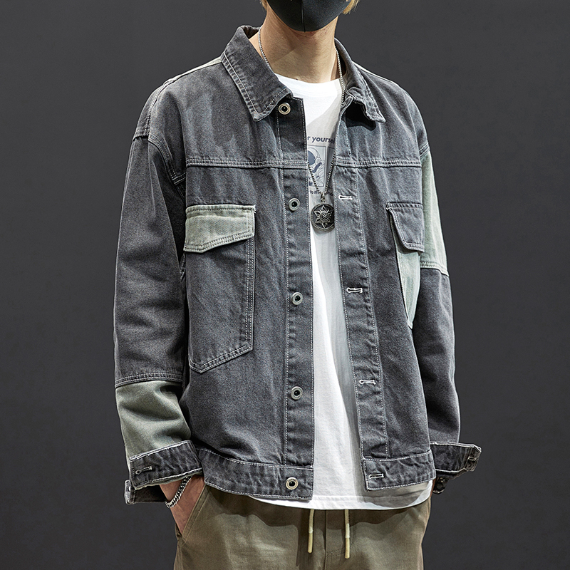 Tidal boom releases Hormonal Jacket Jacket Male Splicing Collision Color Student Tide Card Handsome and Tooling Denim