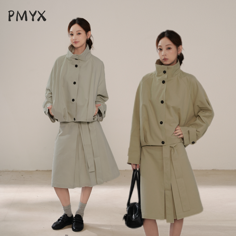 Pmyx Retro British Style Stand-Collar Trench Coat Short Single-Breasted Casual Versatile Top Set Two-Piece Set