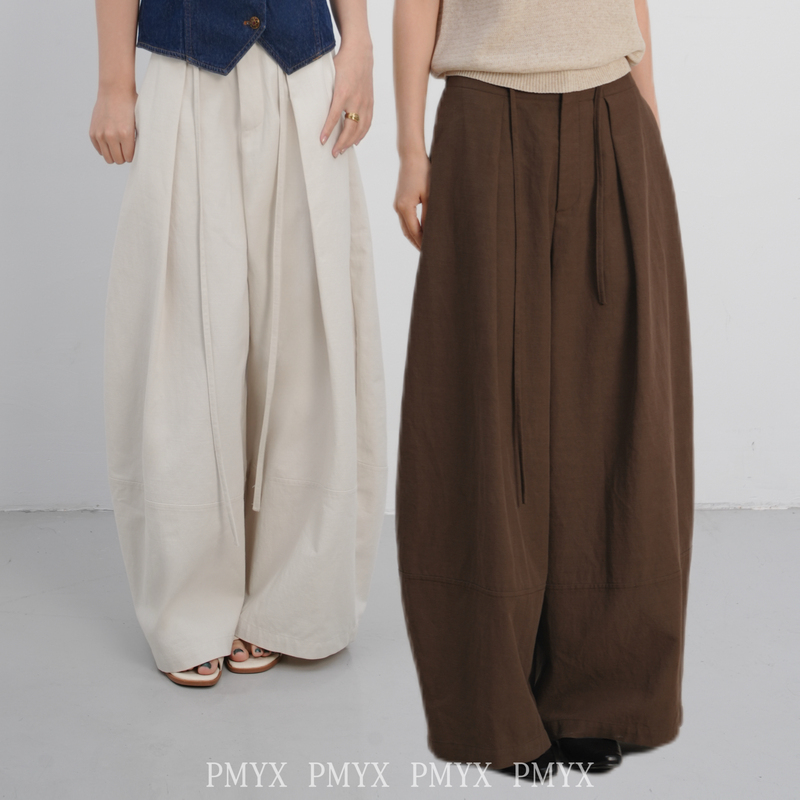 Pmyx High-Quality Bamboo Cotton Tencel Curved Wide-Leg Pants Korean Retro Casual Comfortable Slimming Loose Floor-Length Pants
