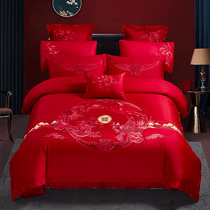 Light luxury double-sided 80 count long-staple cotton wedding red embroidered bed skirt lace series four-six-piece set dragon and phoenix affectionate