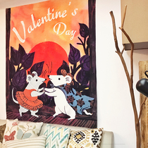Foreign trade export year of the rat Valentines Day hanging cloth Bed and breakfast decoration and decoration art couple cartoon live background cloth