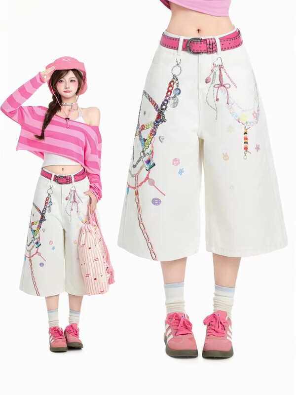 American Retro 3D Colorful Chain Print Denim Shorts for Women, New Summer Style, Unique Loose Wide-Leg Pants, Capri Pants