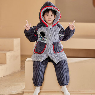 New Three-Layer Quilted Cartoon Children's Set for Autumn and Winter, Boys' Coral Fleece Thickened Pajamas and Loungewear
