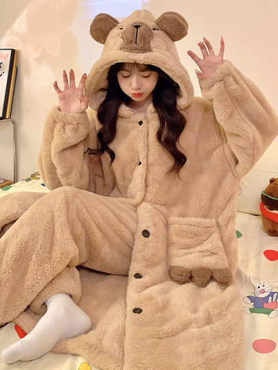 2026 New Coral Fleece Thickened Capybara Pajamas Women's Set Autumn and Winter Sleepwear Loungewear
