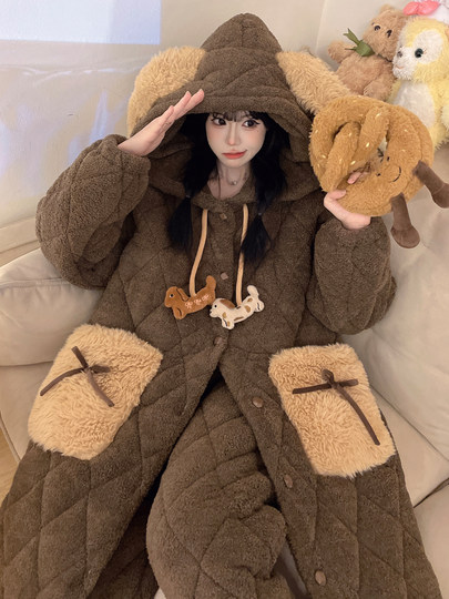 Autumn and Winter Three-Layer Quilted Cute Puppy Nightgown for Women, Half-Velvet Pajamas, Fleece-Lined and Thickened Set, Loungewear