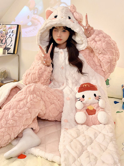 Autumn and Winter Women's Three-Layer Quilted Nightgown, Cute Pajamas, Fleece-Lined and Thickened Set, Large Size Coral Velvet Loungewear