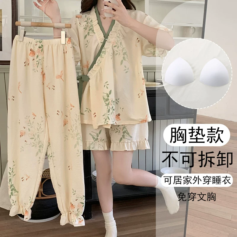 Pijama, летом тонкая майка с чашками, китайский стиль, с коротким рукавом
