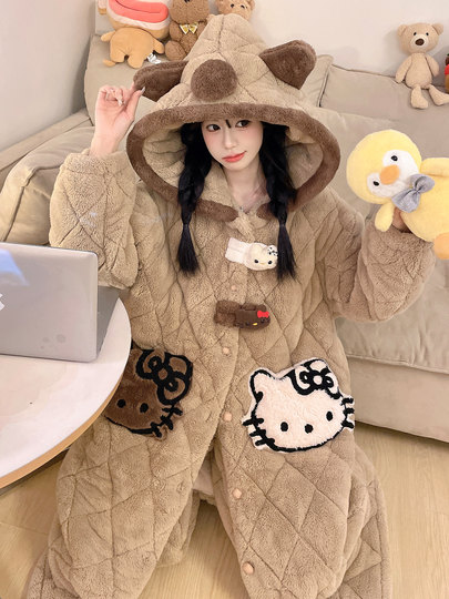 Autumn and Winter New Women's Three-Layer Quilted Coral Fleece Pajamas, Thickened and Fleece-Lined Set, Cute Loungewear