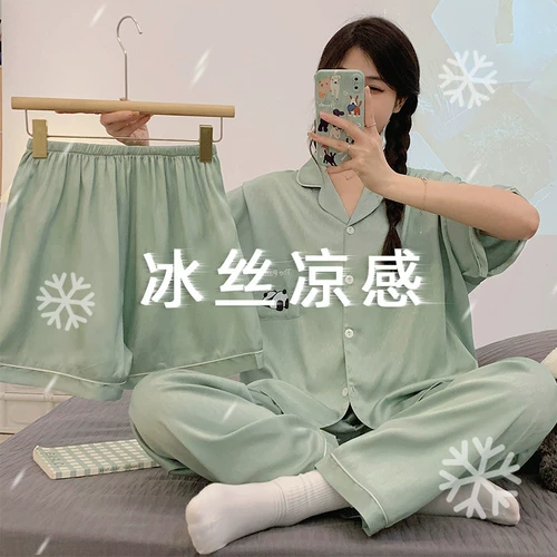 Шелковая летняя пижама, комплект, штаны, 3 предмета, короткий рукав, размер, изысканный стиль
